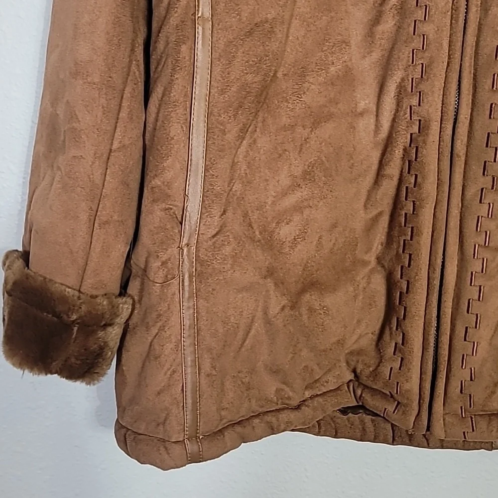 Y2K Cato Women Faux Fur Penny Lane Coat Size 18/22 L/XL Hood Brown Zip Suede 90s